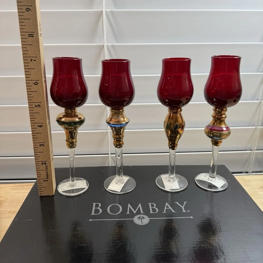 4 Vtg Bombay Company Romanov Ruby Gold Long Stem Cordial‎ Glasses New  7